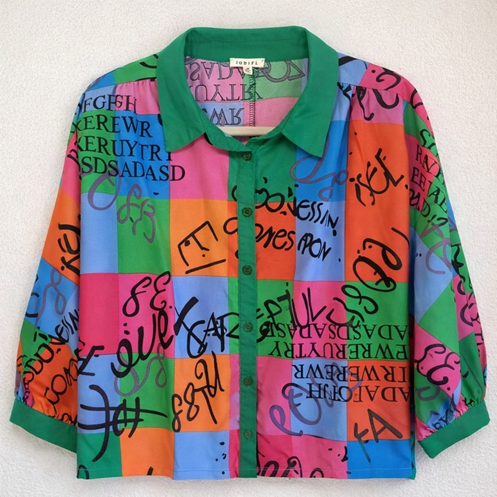 Jodifl Oversized Colorblock Graffiti Blouse M Bold Button Down Statement Top